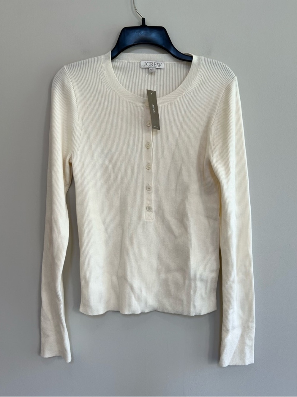 J. Crew NWT Fine Ribbed Tencel Blend Henley Button Front Cream Sweater, Large